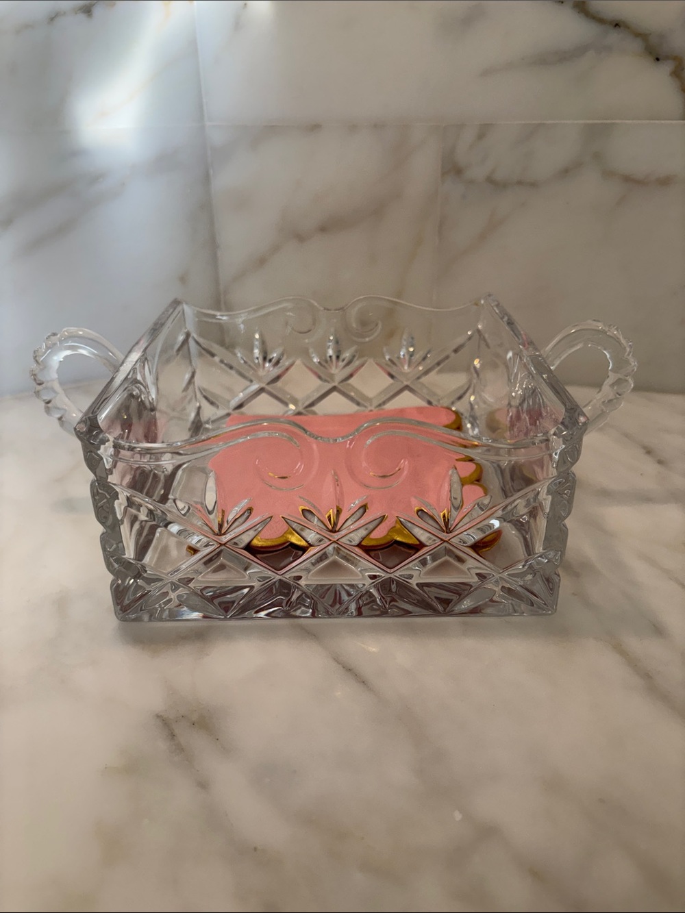 Clear Pressed Glass Napkin Holder with Handles - Pink Accent
